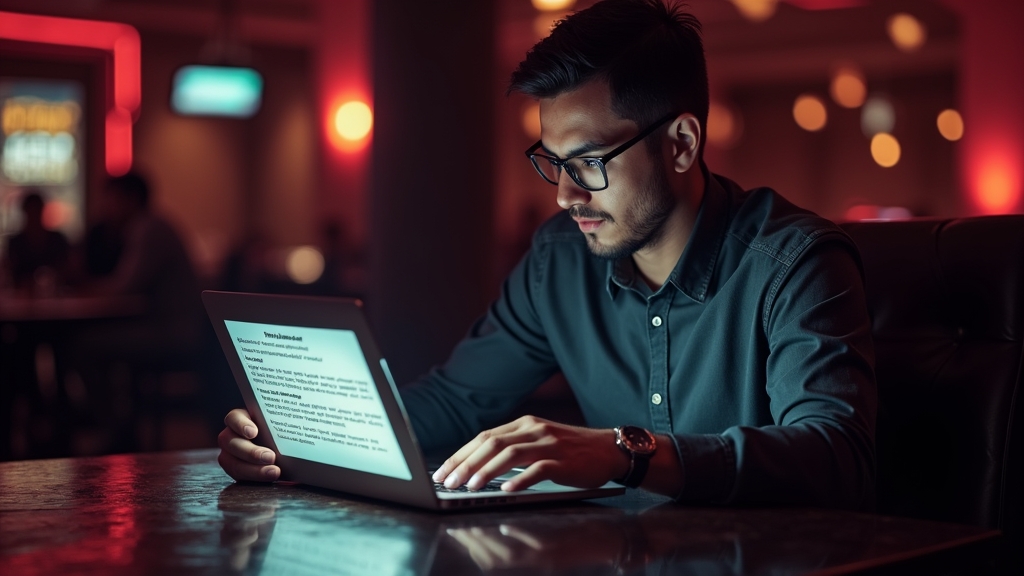 Player reviewing promo code terms on a laptop in a dark casino lounge
