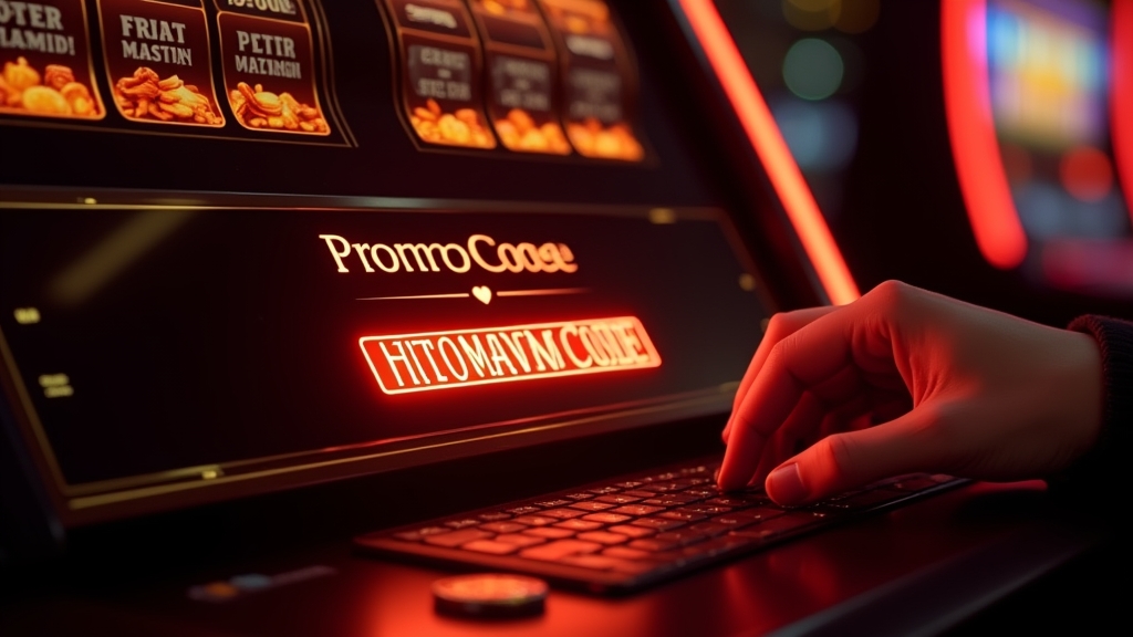 Casino cashier screen with promo code field and glowing slot reels