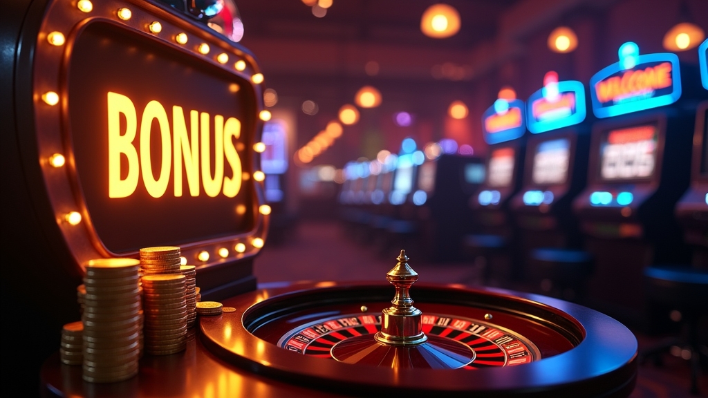 Glowing casino bonus board with coins, roulette wheel, and slot machine